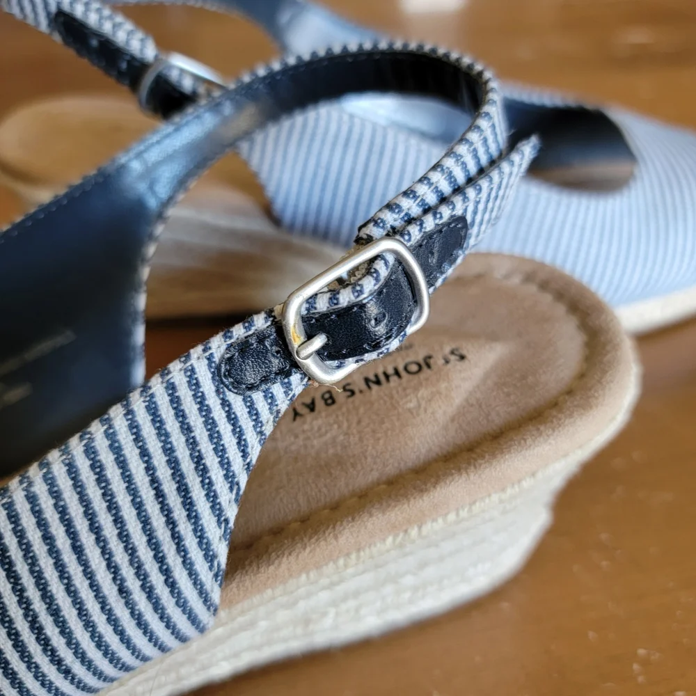 St John's Bay Blue Striped Lawson Wedge Open Toe Sandals Size 10